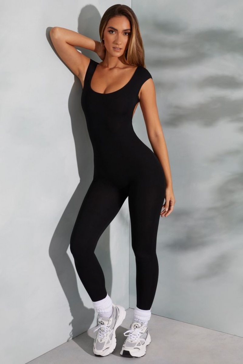 Black Oh Polly Sabrina Open Back Scoop Neck Jumpsuit | XDUE-53204