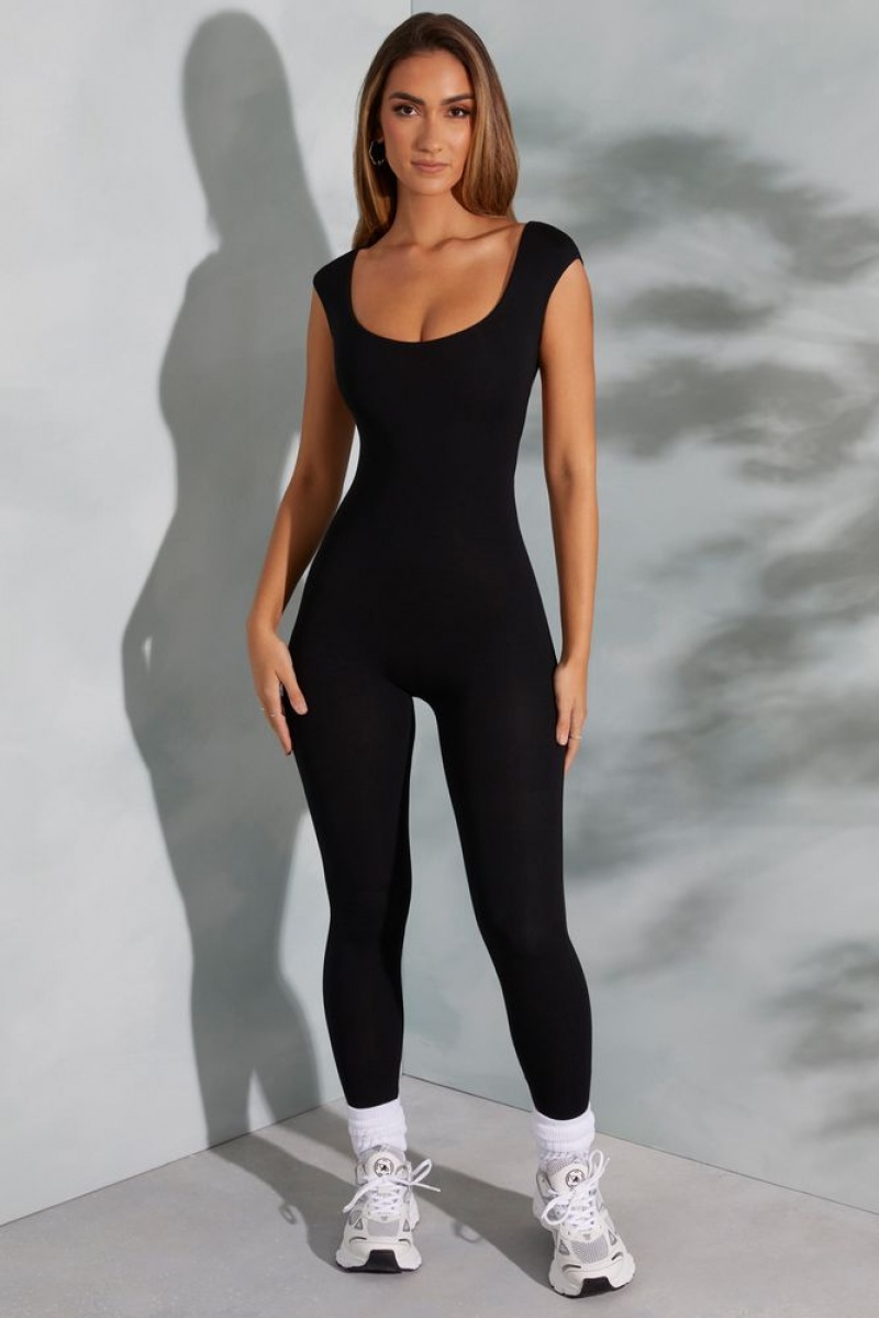 Black Oh Polly Sabrina Open Back Scoop Neck Jumpsuit | XDUE-53204