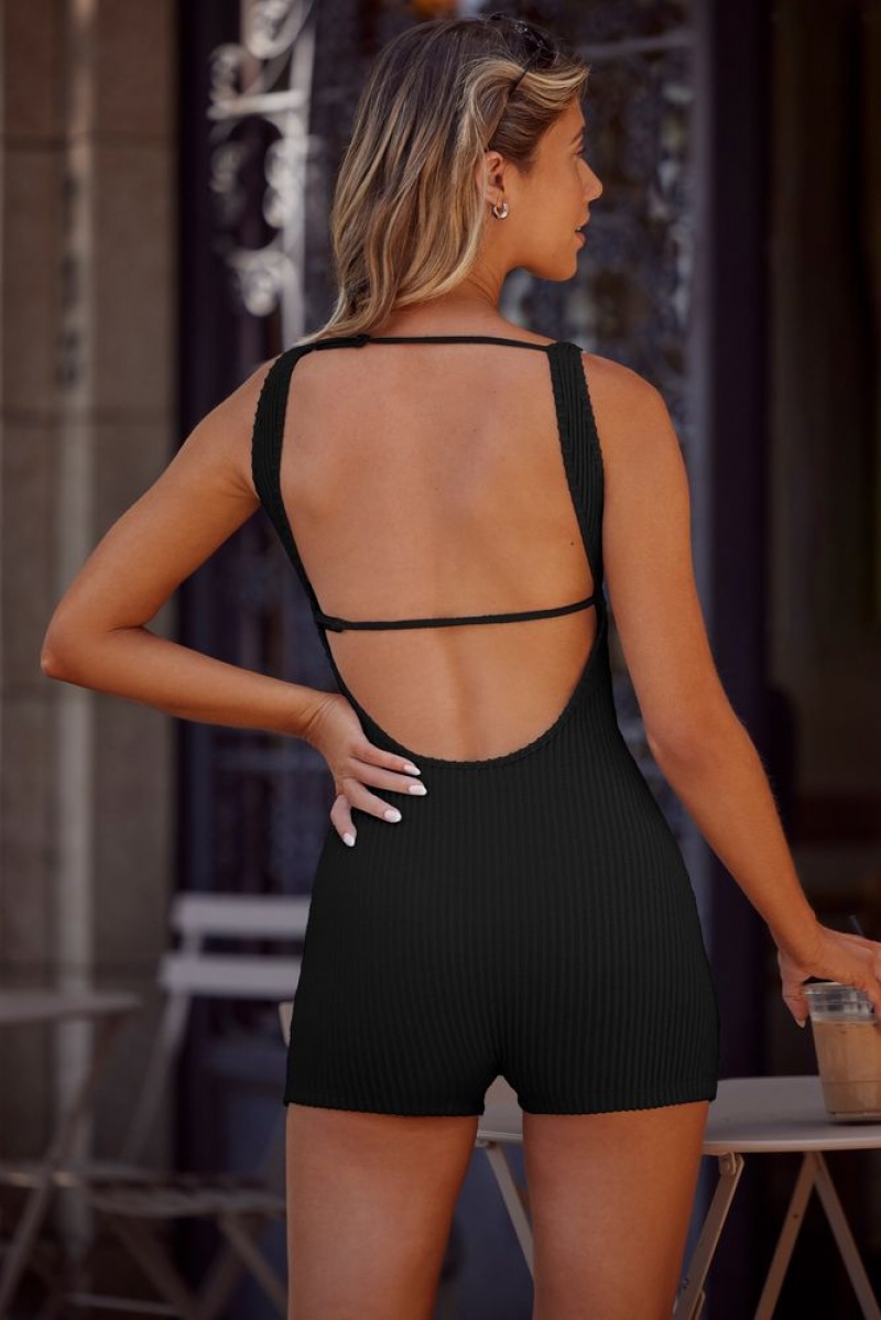 Black Oh Polly Serene Soft Rib Backless Unitard | JAOX-14892