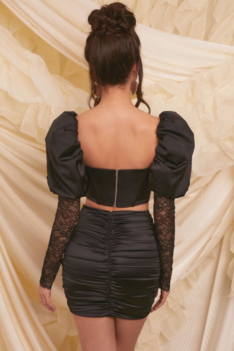 Black Oh Polly Somebody To Love Puff Sleeve Satin Lace Crop Top | WKBA-80197