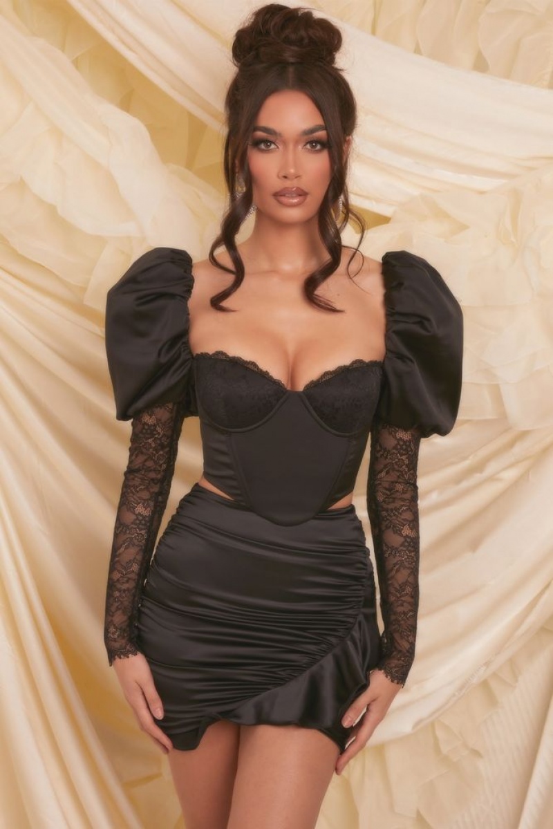 Black Oh Polly Somebody To Love Puff Sleeve Satin Lace Crop Top | WKBA-80197