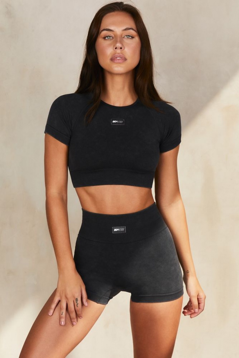 Black Oh Polly Systematic Seamless Acid Wash Crop Top | YJQB-81540