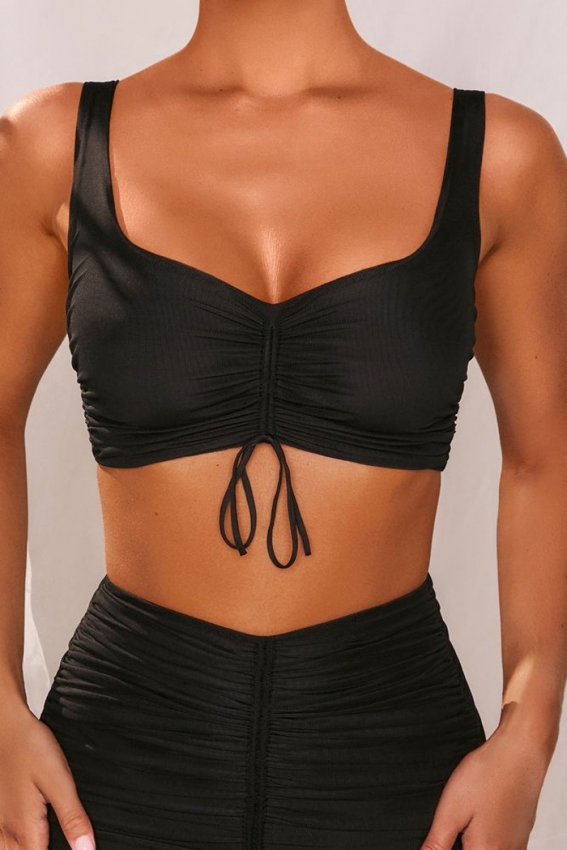 Black Oh Polly Two’s Company Ruched Tie Front Crop Top | WHLR-92456