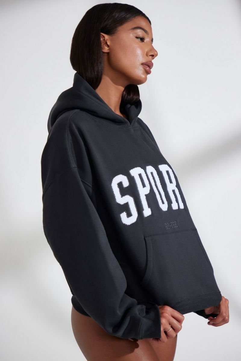 Black Oh Polly Varsity Oversized Hooded Sweatshirt | SGLU-41827