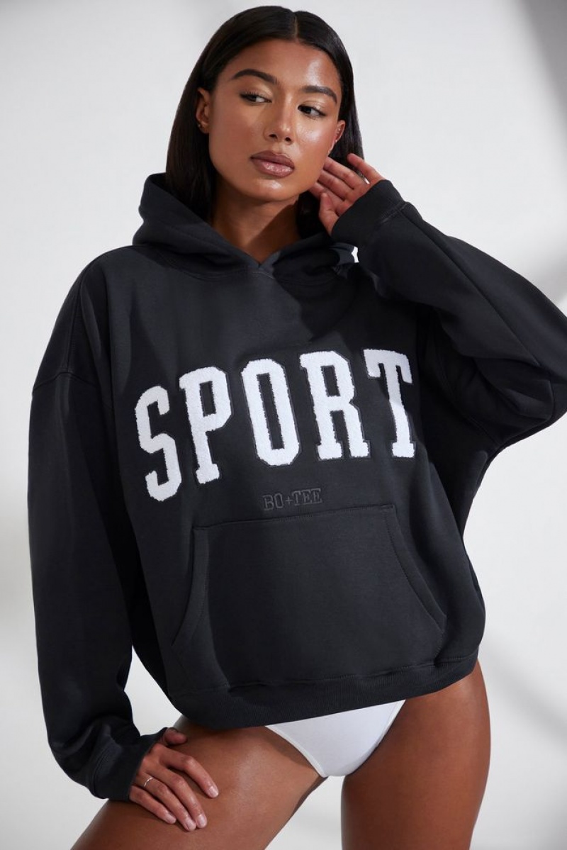 Black Oh Polly Varsity Oversized Hooded Sweatshirt | SGLU-41827