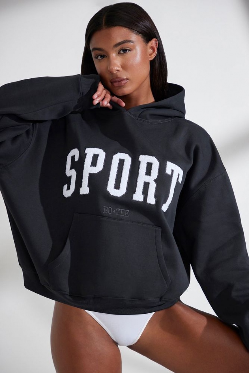 Black Oh Polly Varsity Oversized Hooded Sweatshirt | SGLU-41827