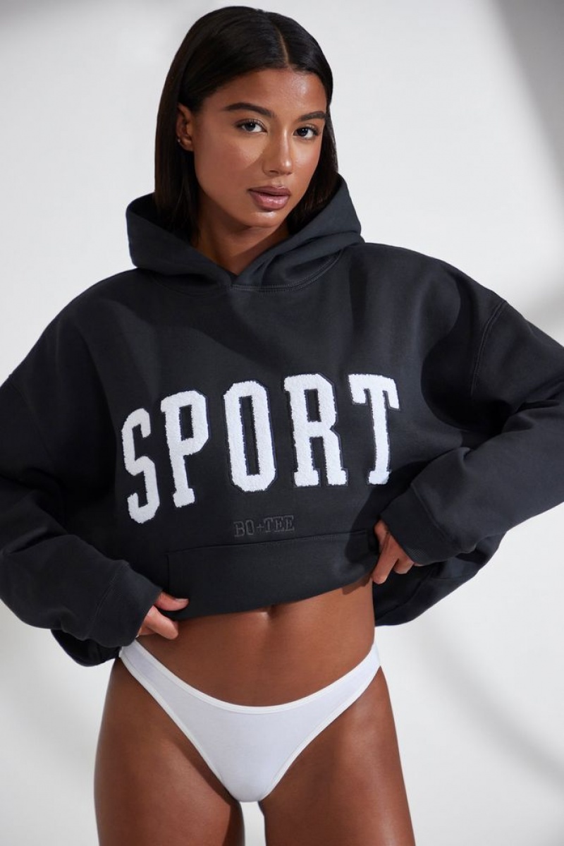 Black Oh Polly Varsity Oversized Hooded Sweatshirt | SGLU-41827