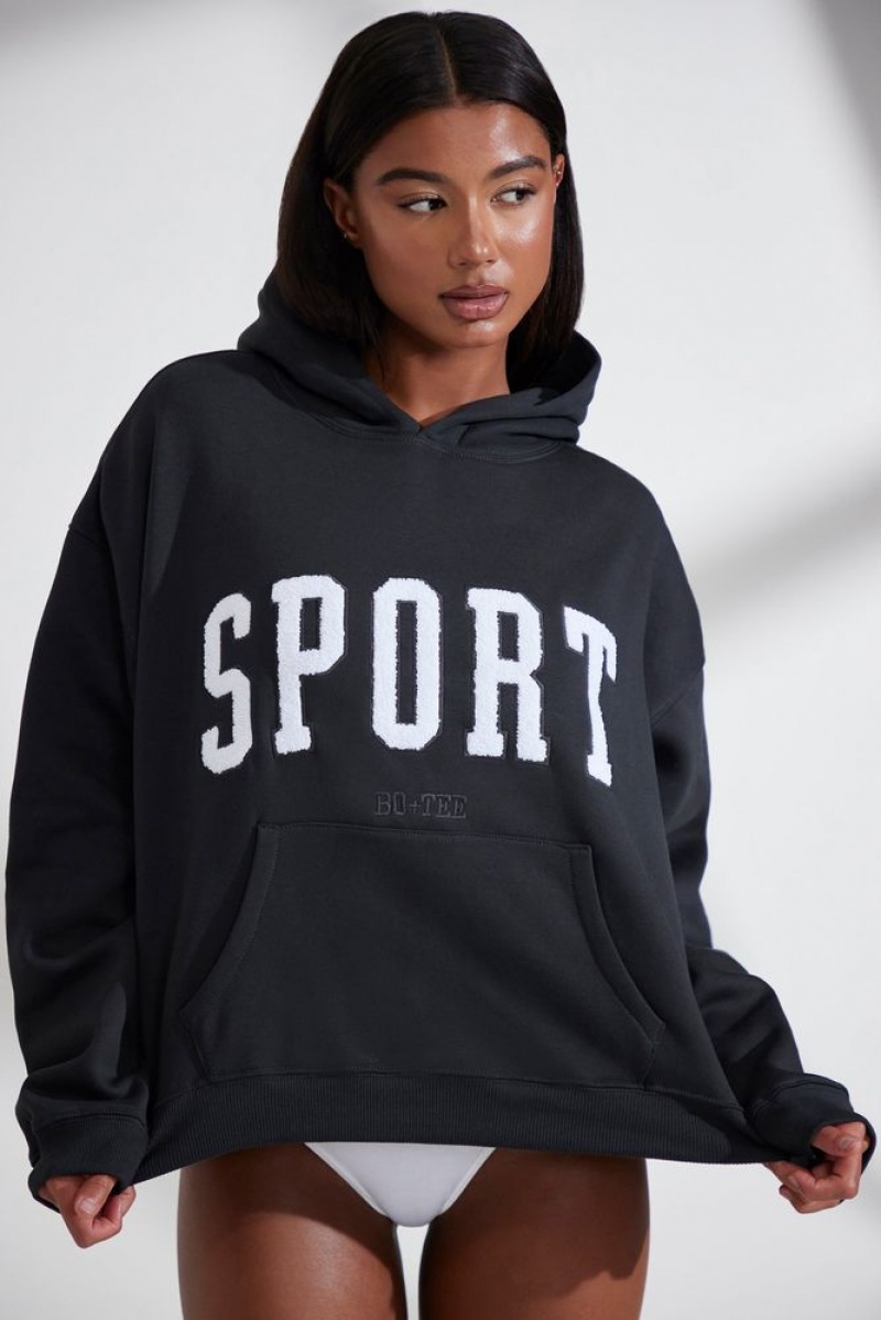 Black Oh Polly Varsity Oversized Hooded Sweatshirt | SGLU-41827