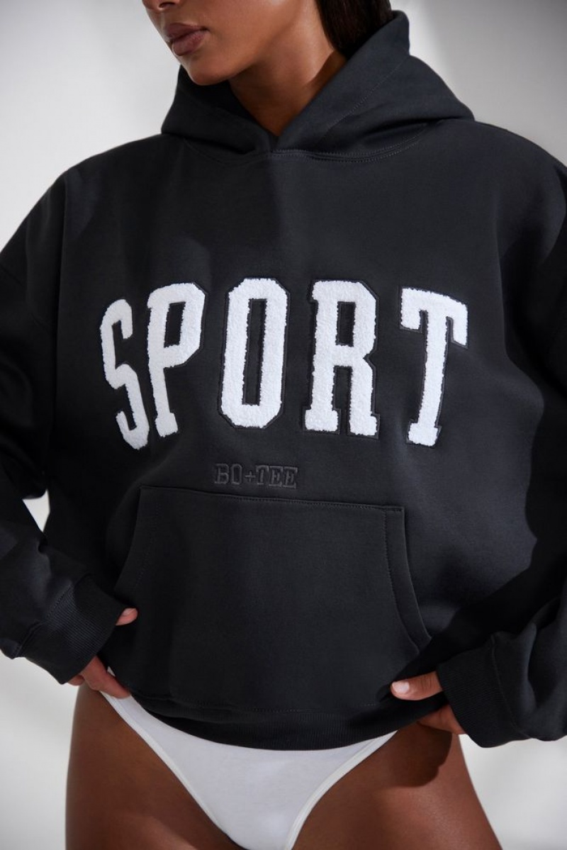 Black Oh Polly Varsity Oversized Hooded Sweatshirt | SGLU-41827