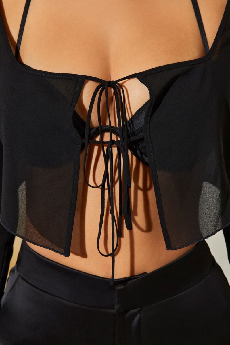 Black Oh Polly Veryan Long Sleeve Ruched Bralette with Sheer Overlay | VROB-82617