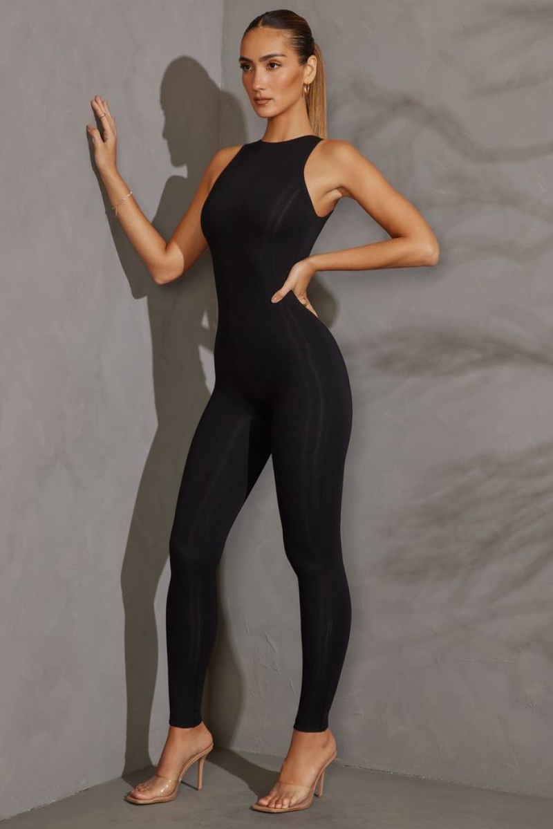 Black Oh Polly Vida Petite Racer Neck Jumpsuit | IMAK-17926