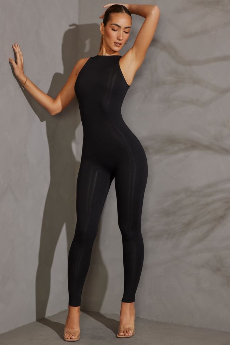 Black Oh Polly Vida Petite Racer Neck Jumpsuit | IMAK-17926