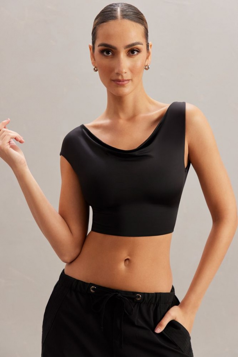 Black Oh Polly Yindi Cowl Neck Crop Top | TNJQ-01254