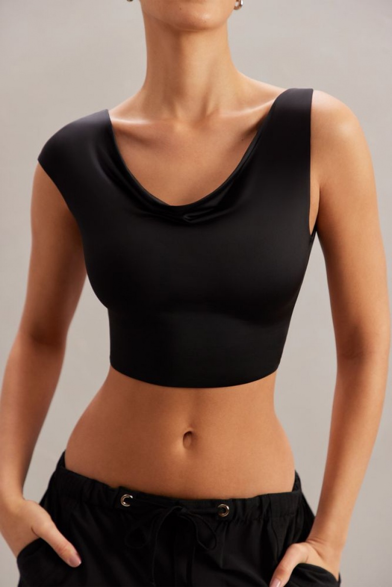 Black Oh Polly Yindi Cowl Neck Crop Top | TNJQ-01254