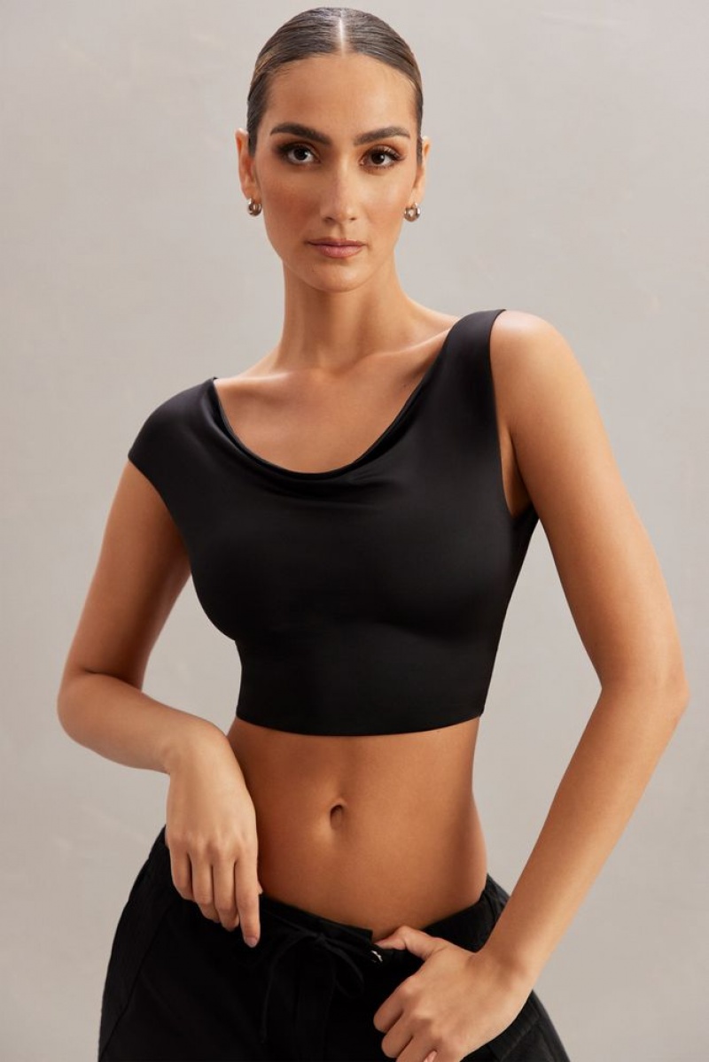 Black Oh Polly Yindi Cowl Neck Crop Top | TNJQ-01254