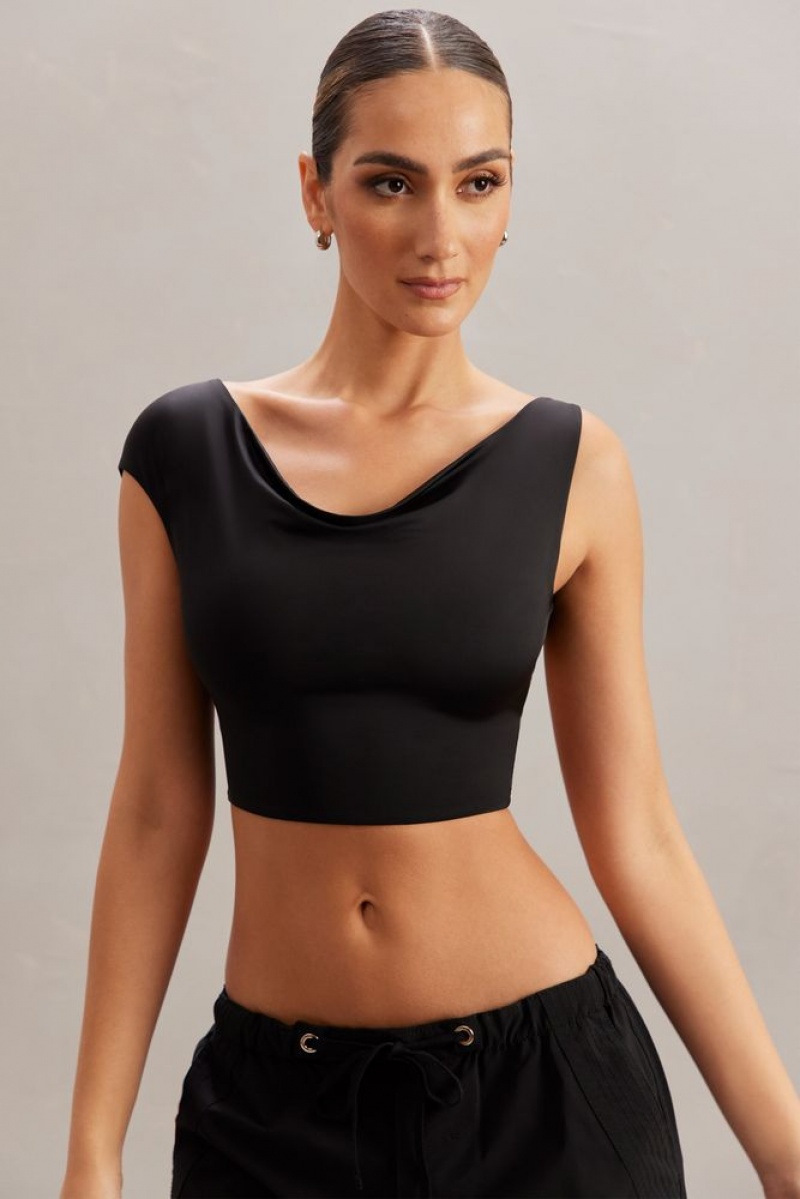 Black Oh Polly Yindi Cowl Neck Crop Top | TNJQ-01254