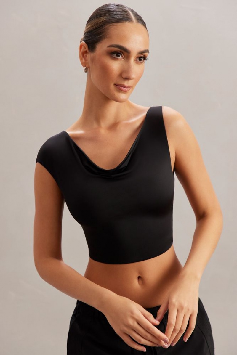 Black Oh Polly Yindi Cowl Neck Crop Top | TNJQ-01254