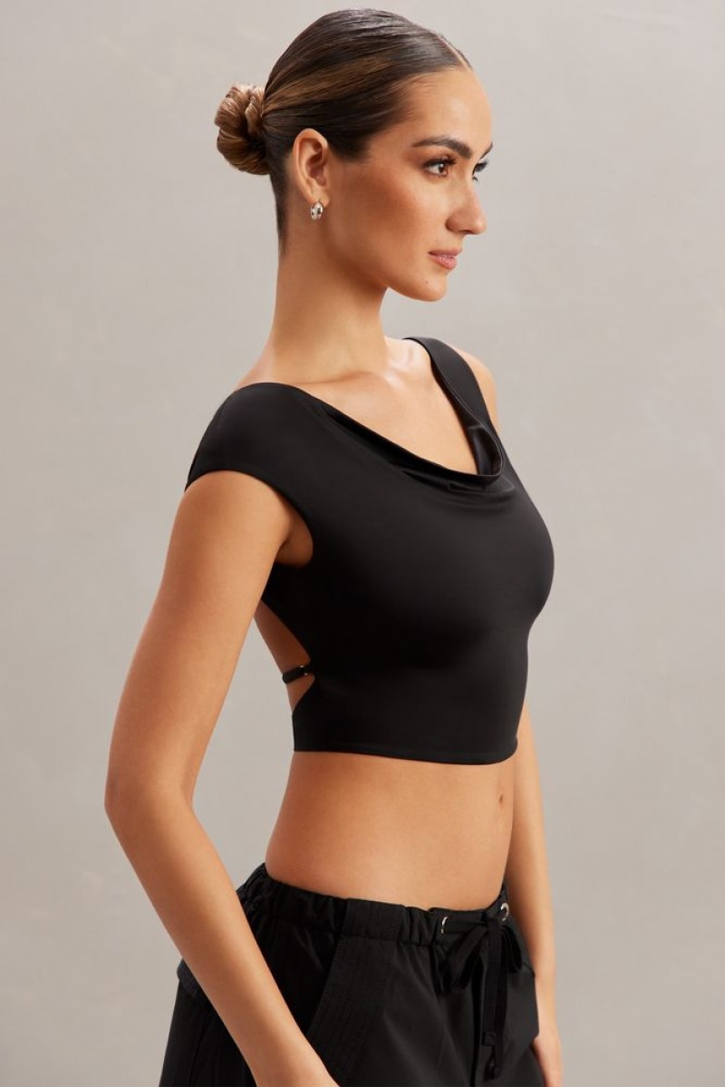 Black Oh Polly Yindi Cowl Neck Crop Top | TNJQ-01254