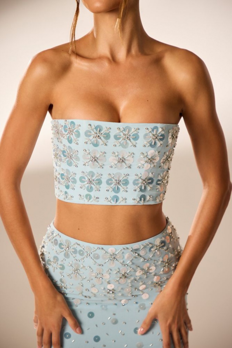 Blue Oh Polly Maia Hand Embellished Bandeau Corset Crop Top | ZTPE-94802