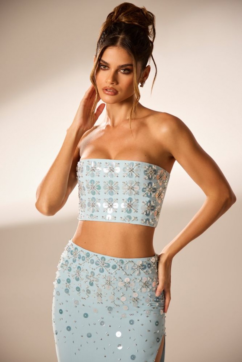 Blue Oh Polly Maia Hand Embellished Bandeau Corset Crop Top | ZTPE-94802