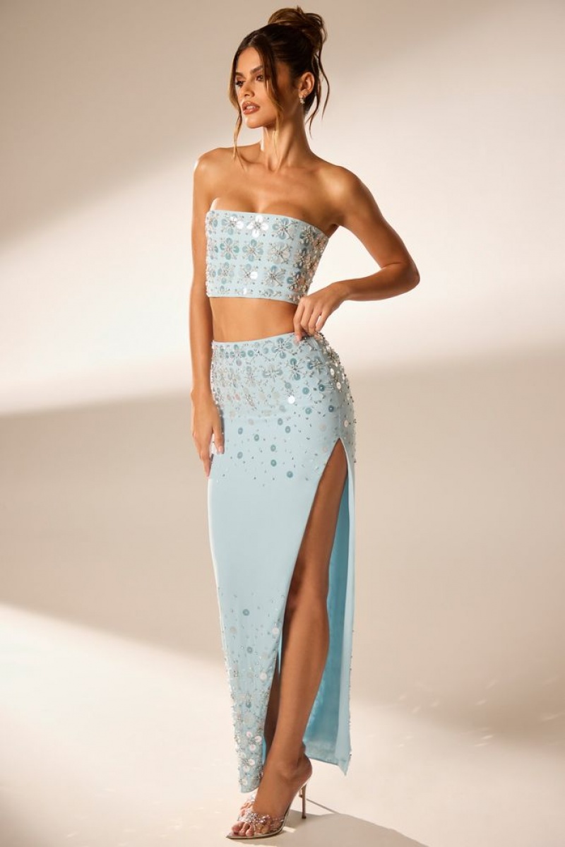 Blue Oh Polly Maia Hand Embellished Bandeau Corset Crop Top | ZTPE-94802