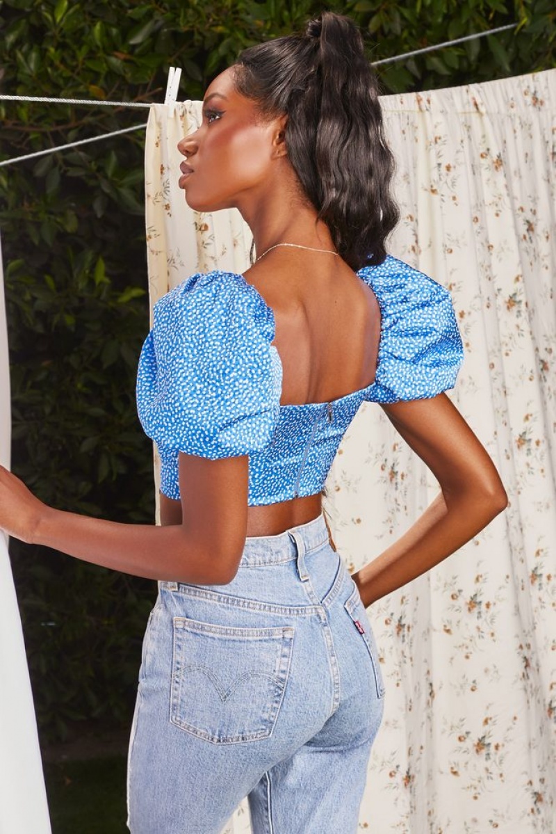 Blue Oh Polly Sweet Attraction Puff Sleeve Crop Top | QVEM-94523