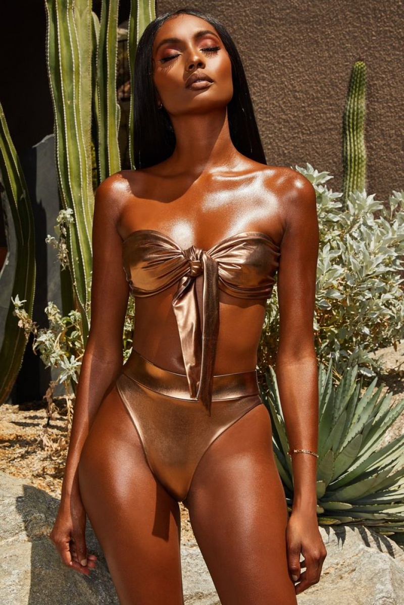 Bronze Oh Polly Gold Coast Metallic Tie Front Bandeau Bikini Top | XFKG-30451