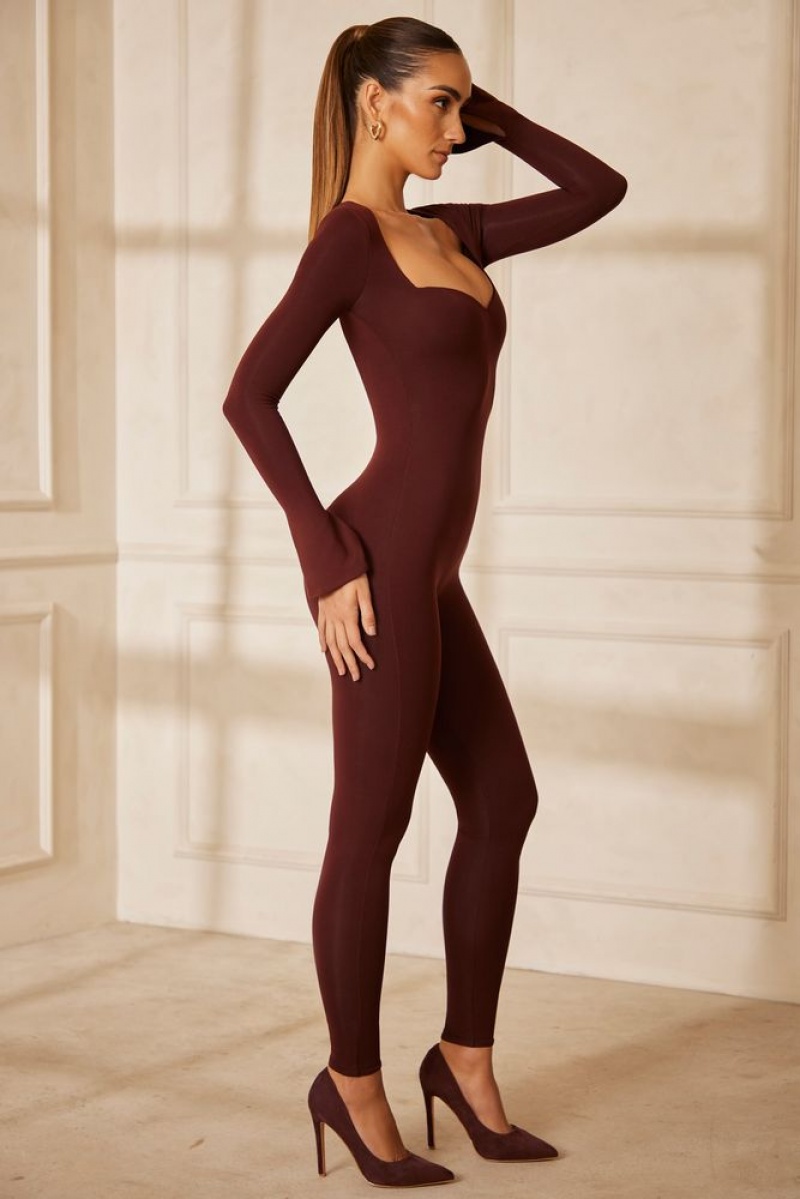 Brown Oh Polly Amata Sweetheart Neckline Long Sleeve Jumpsuit | YAOB-09821