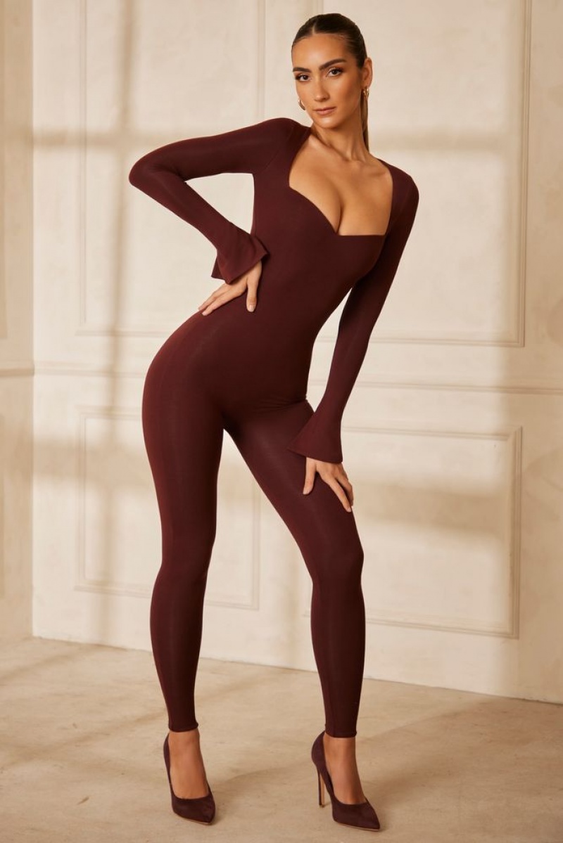 Brown Oh Polly Amata Sweetheart Neckline Long Sleeve Jumpsuit | YAOB-09821