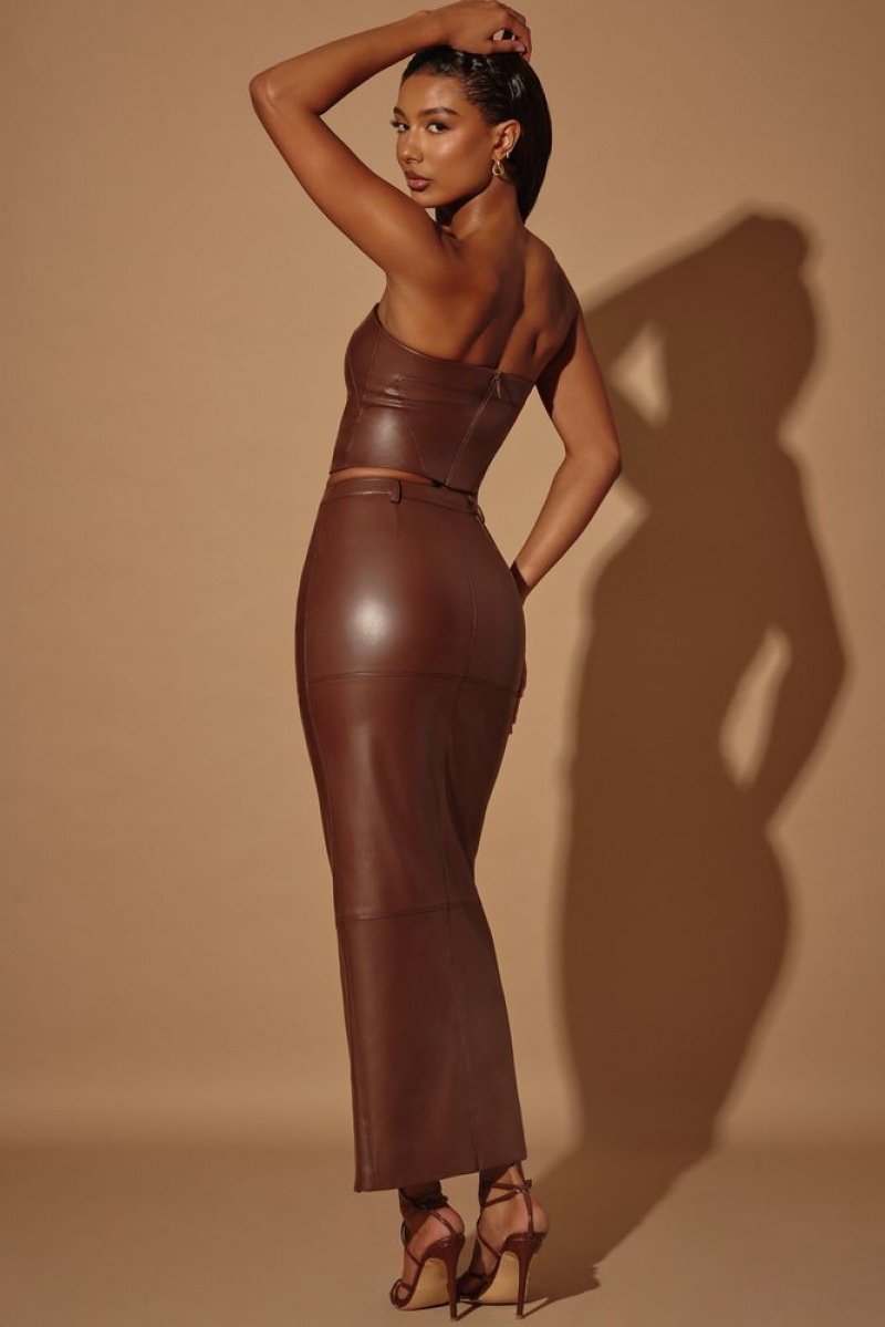 Brown Oh Polly Cylan Mid-Rise Vegan Leather Maxi Skirt | ZHUK-78469