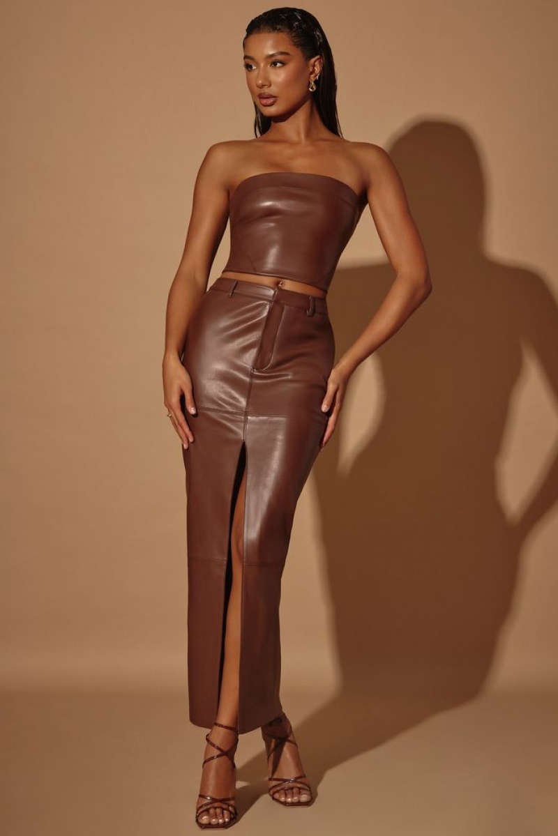 Brown Oh Polly Cylan Mid-Rise Vegan Leather Maxi Skirt | ZHUK-78469