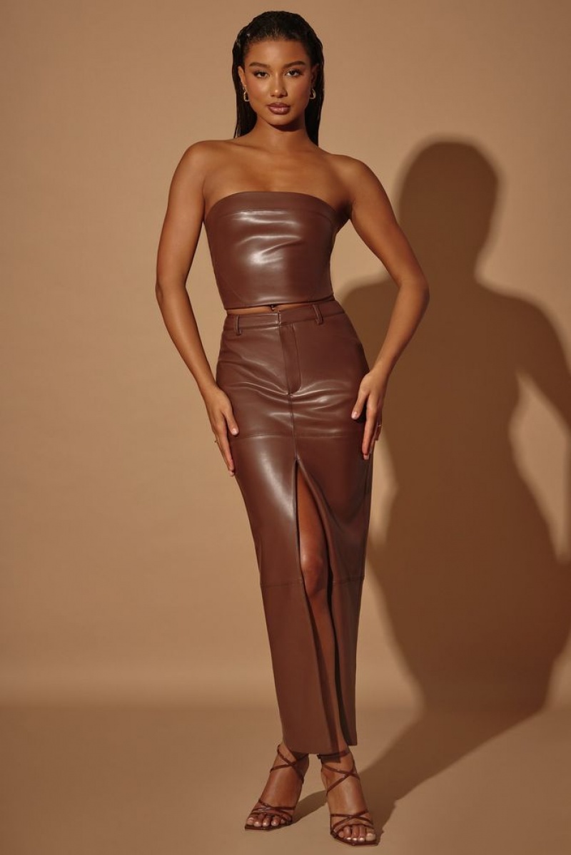 Brown Oh Polly Cylan Mid-Rise Vegan Leather Maxi Skirt | ZHUK-78469