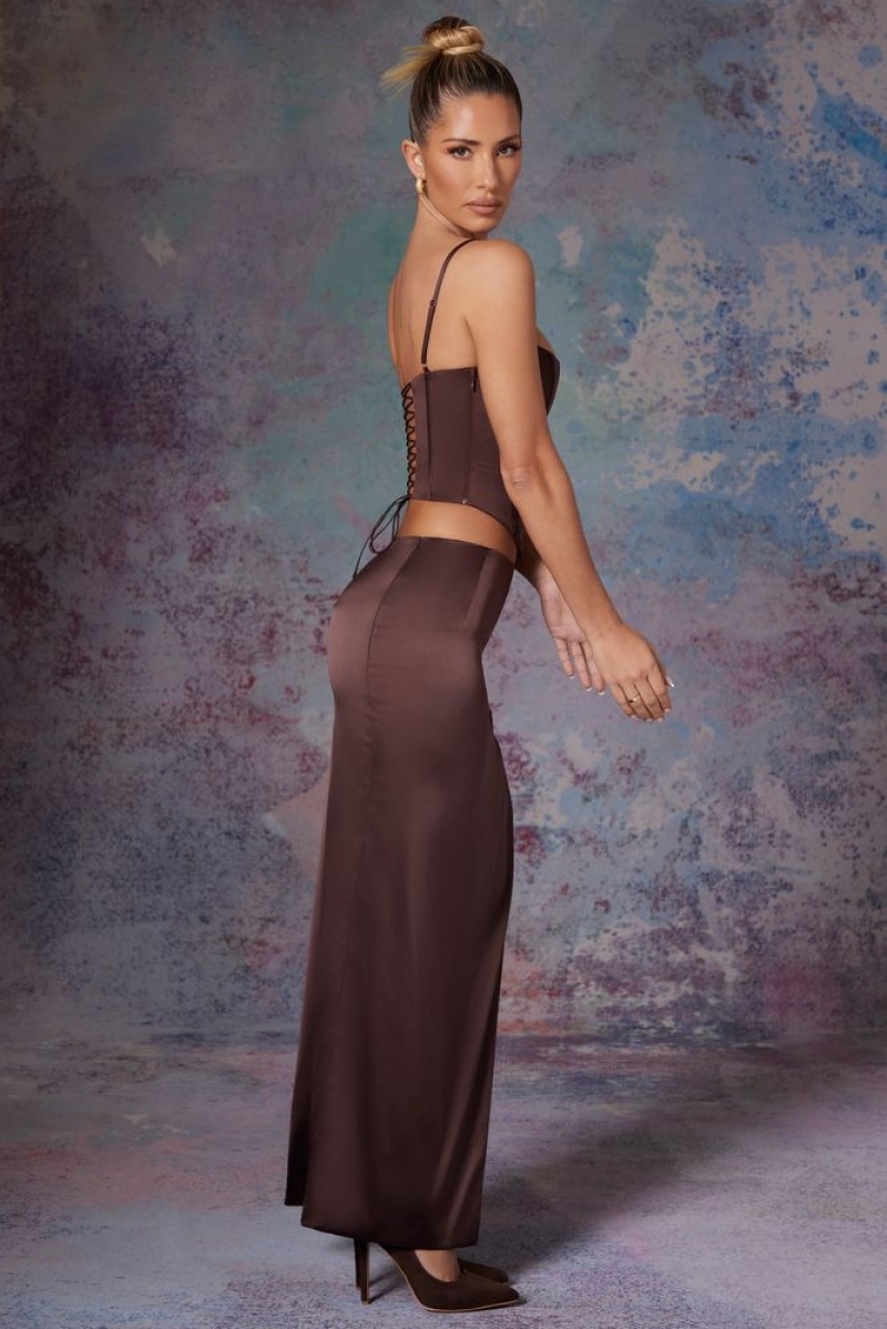 Brown Oh Polly Dawson Side Split Satin Maxi Skirt | ROAK-30276