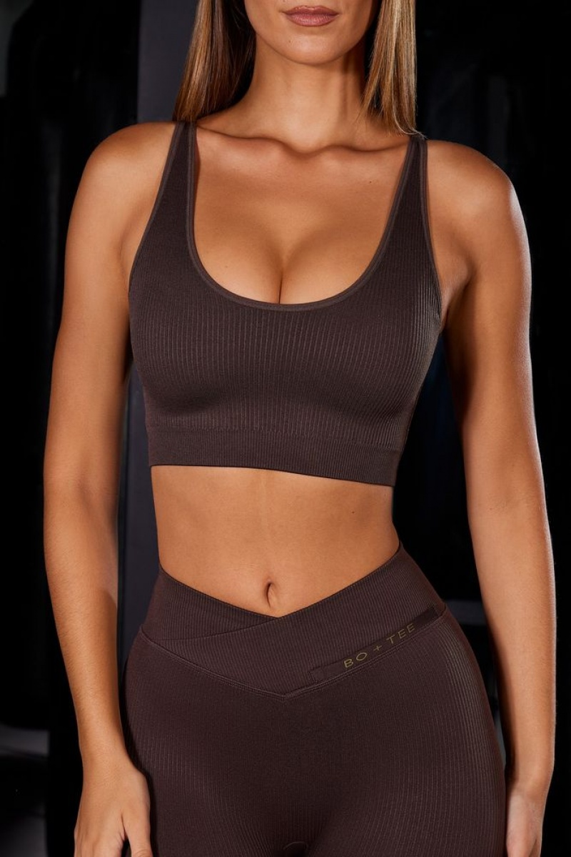 Brown Oh Polly Full Focus Open Back Plunge Neck Sports Bra | ILFT-27451