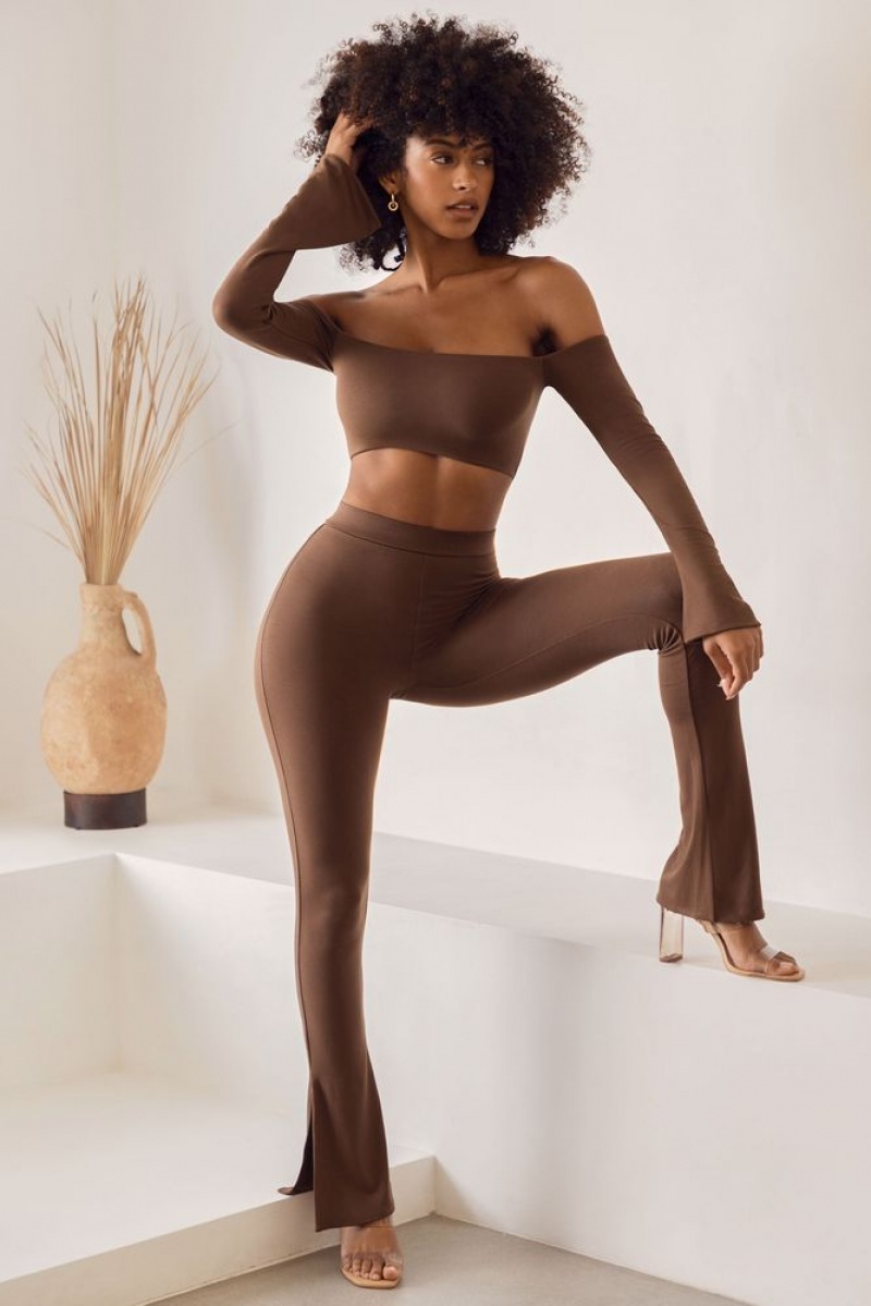 Brown Oh Polly Gaia High Waist Split Flare Leggings | NYMG-32918