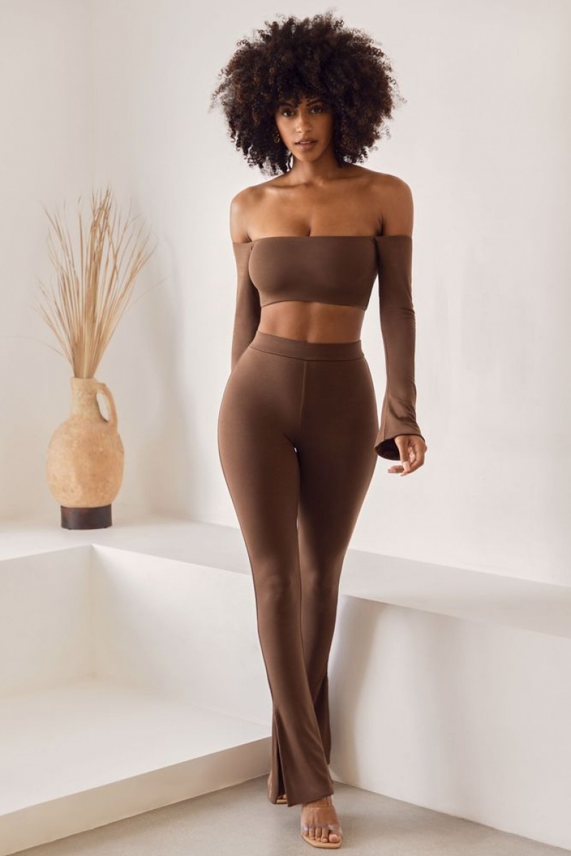 Brown Oh Polly Gaia High Waist Split Flare Leggings | NYMG-32918