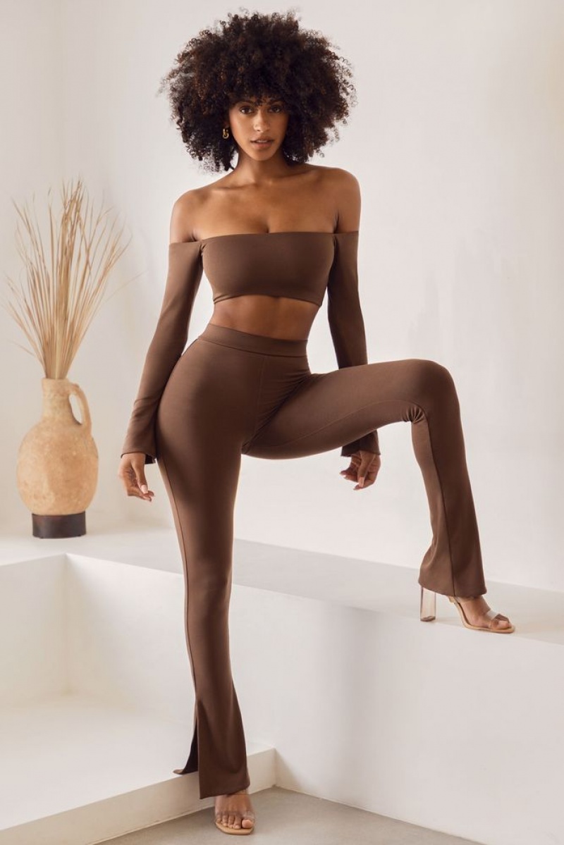 Brown Oh Polly Gaia High Waist Split Flare Leggings | NYMG-32918