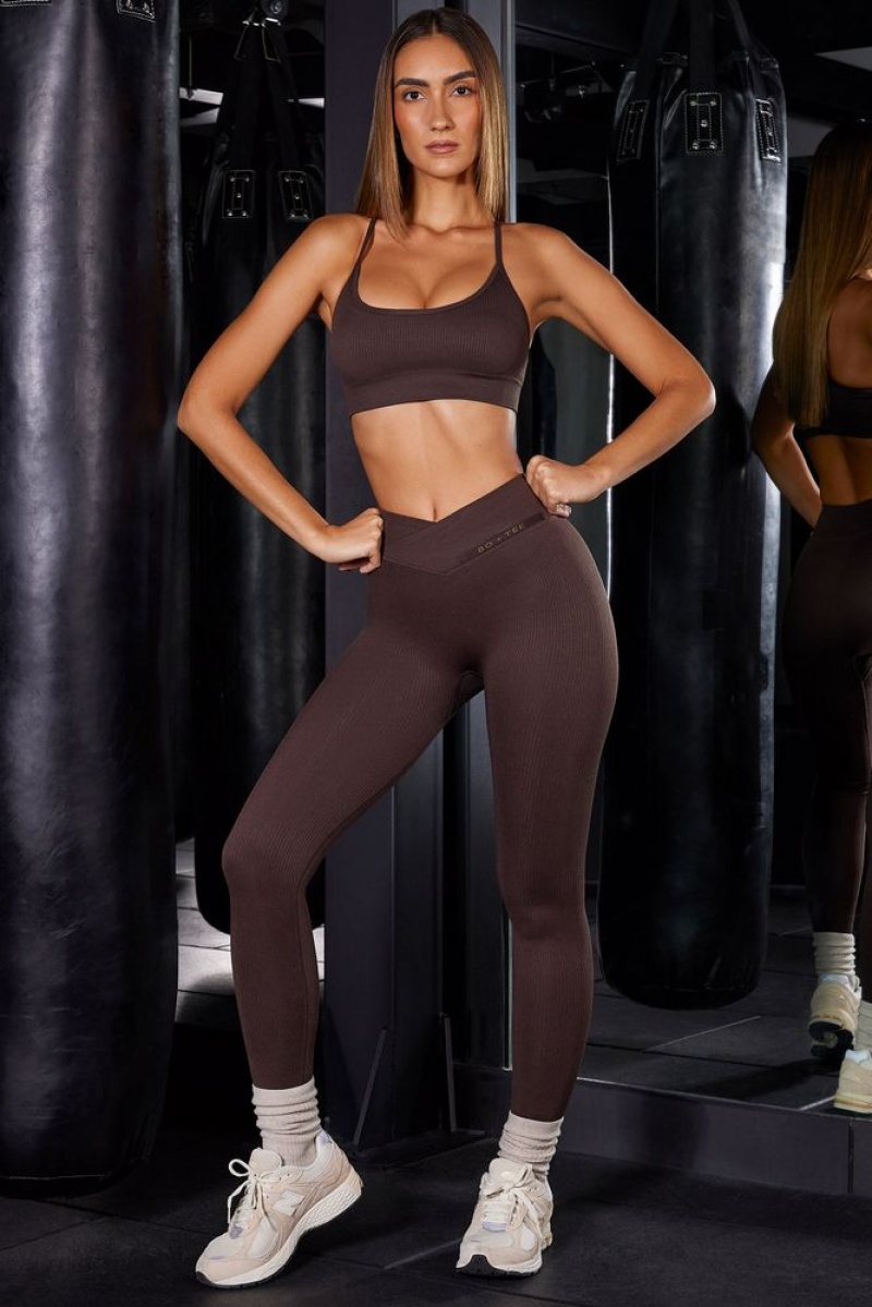 Brown Oh Polly In Control Petite High Waist Ribbed Leggings | DWEG-54908