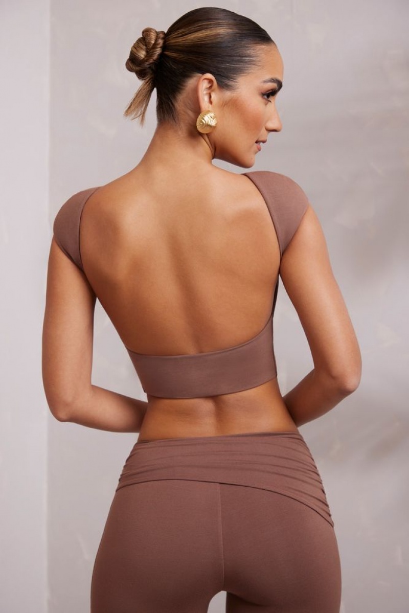 Brown Oh Polly Juno Cap Sleeve Open Back Crop Top | FZRQ-61792