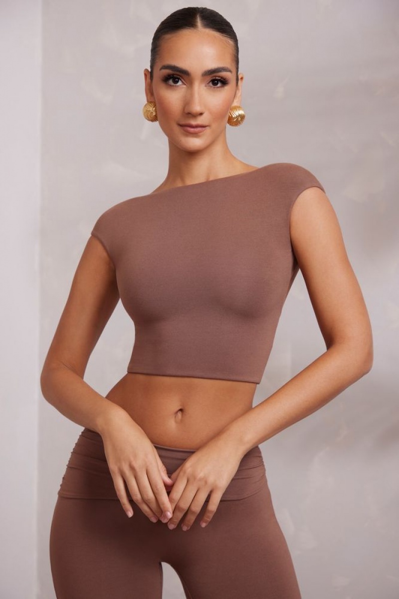 Brown Oh Polly Juno Cap Sleeve Open Back Crop Top | FZRQ-61792