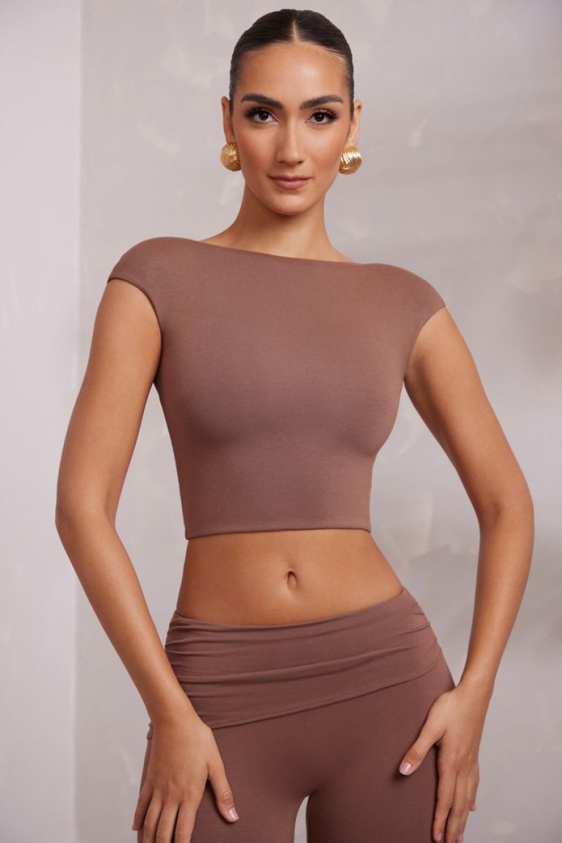 Brown Oh Polly Juno Cap Sleeve Open Back Crop Top | FZRQ-61792