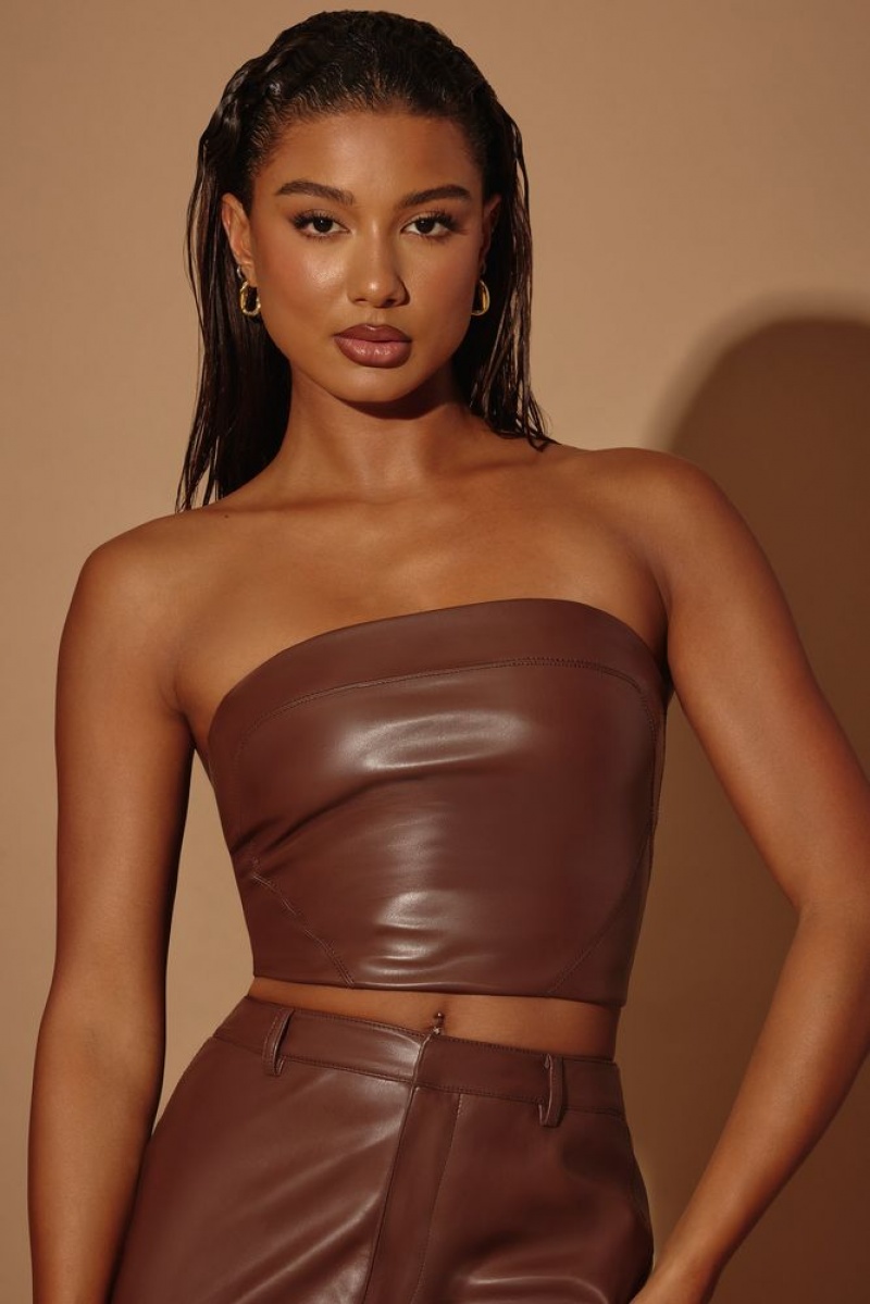 Brown Oh Polly Lilica Strapless Vegan Leather Corset Top | NYWJ-90512