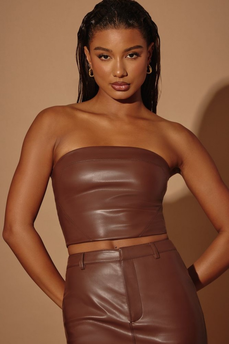 Brown Oh Polly Lilica Strapless Vegan Leather Corset Top | NYWJ-90512