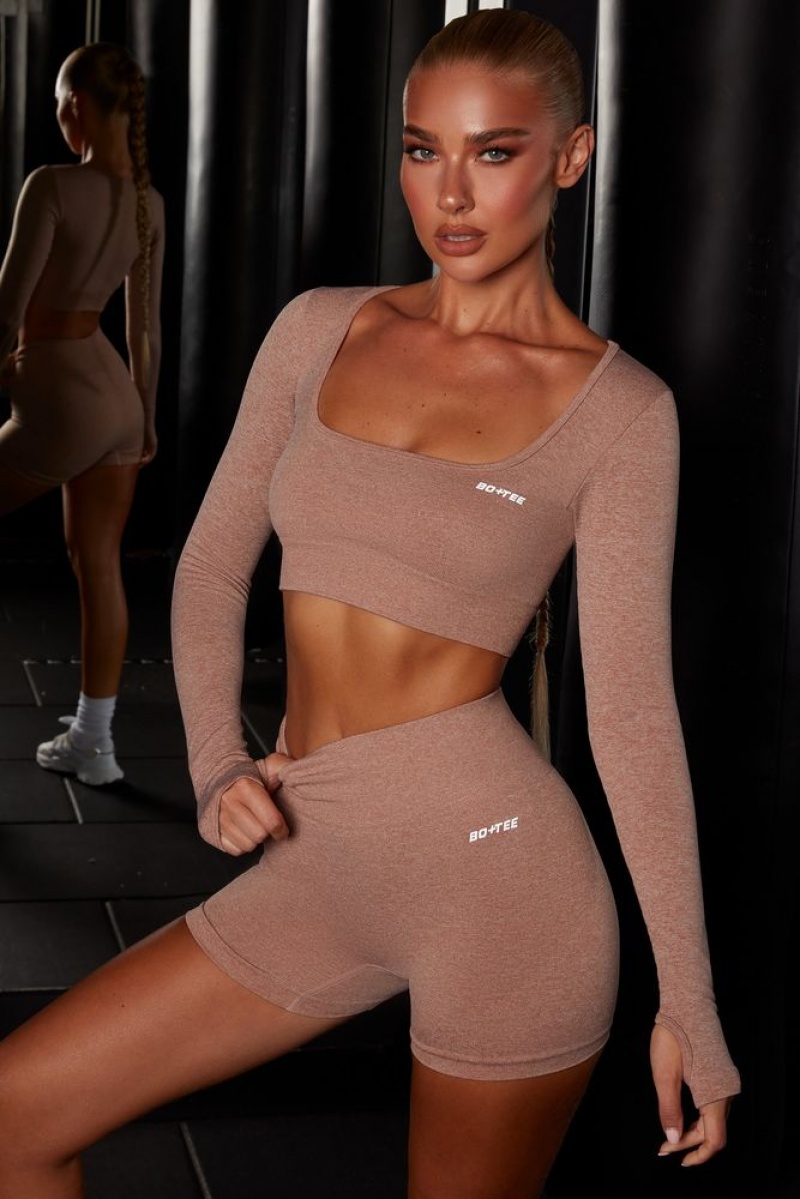 Brown Oh Polly Motion Seamless Long Sleeve Crop Top | ZNOF-06872