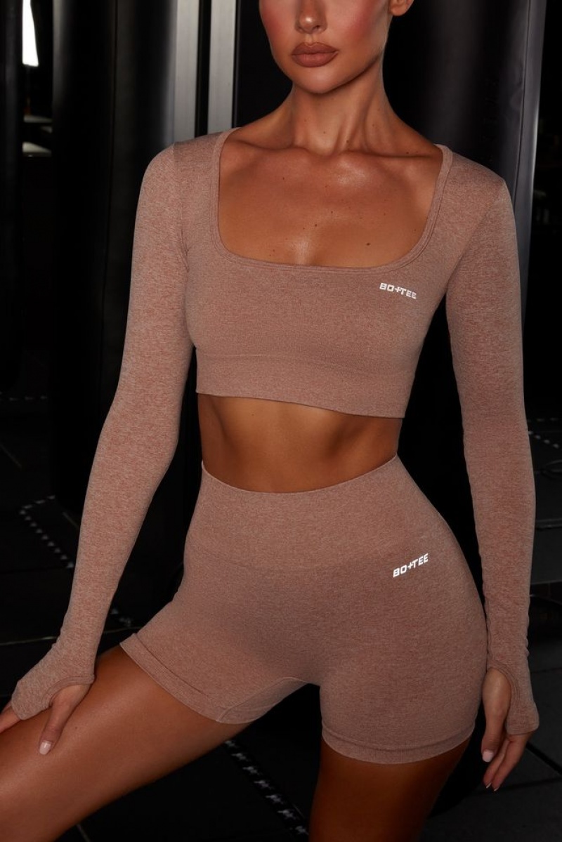 Brown Oh Polly Motion Seamless Long Sleeve Crop Top | ZNOF-06872