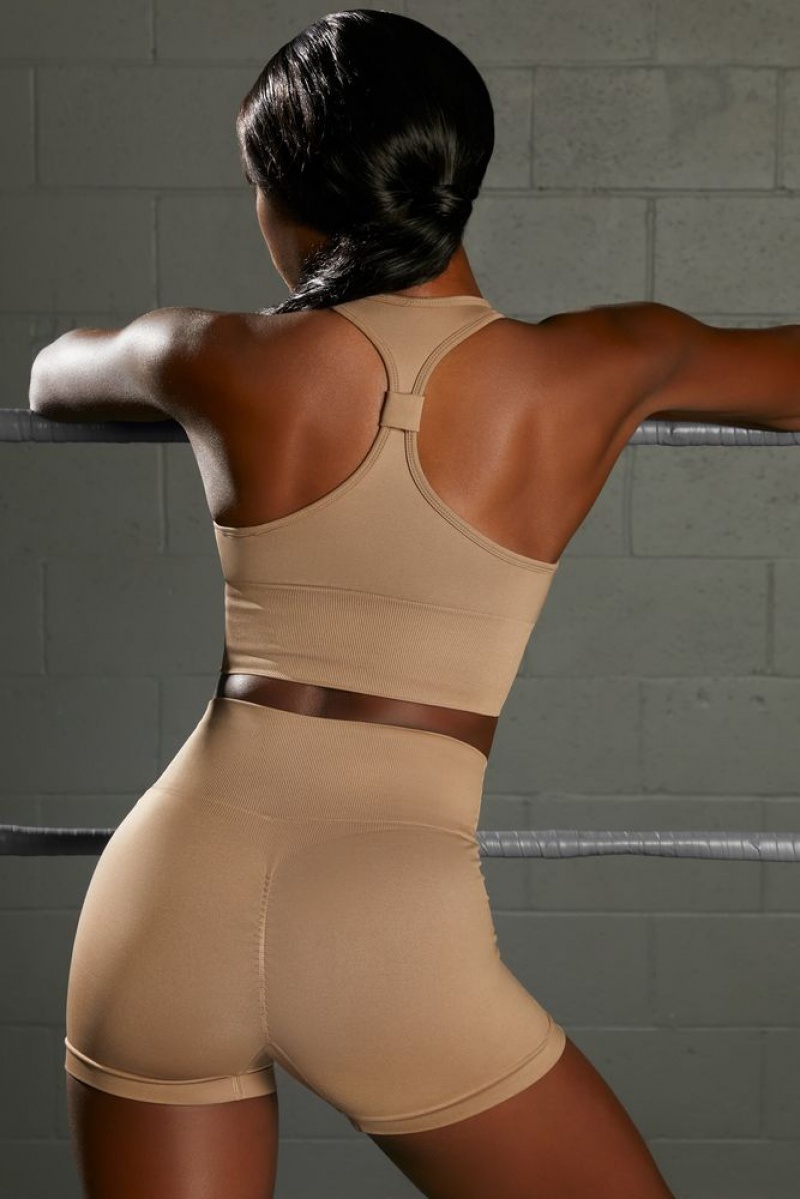 Brown Oh Polly Overhaul Racer Knot Back Seamless Crop Top | BDFM-38720