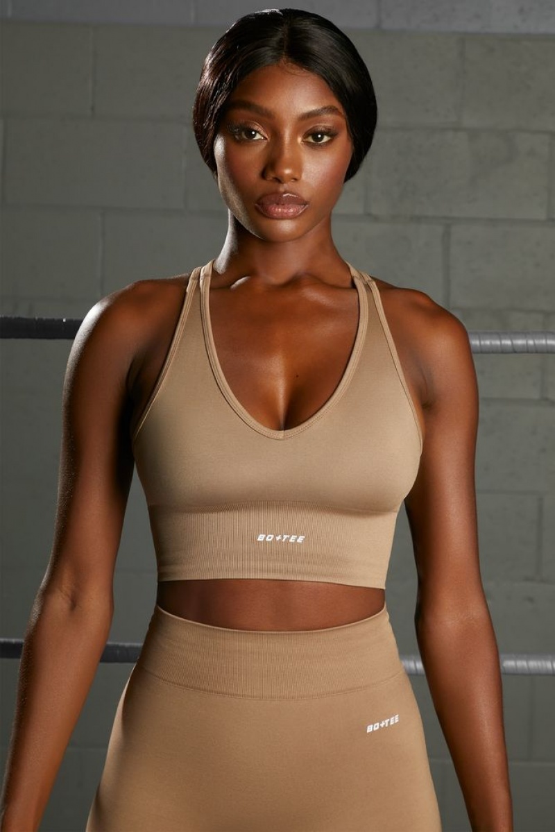 Brown Oh Polly Overhaul Racer Knot Back Seamless Crop Top | BDFM-38720