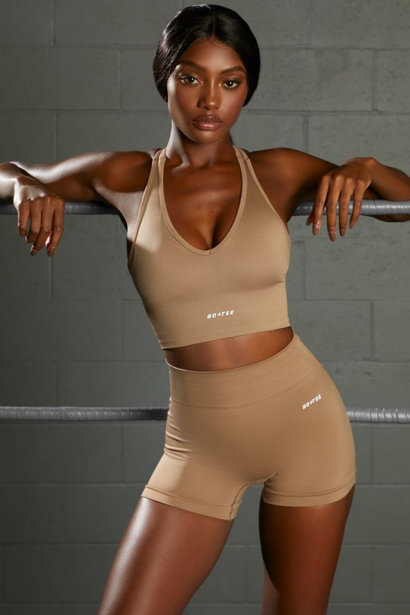 Brown Oh Polly Overhaul Racer Knot Back Seamless Crop Top | BDFM-38720