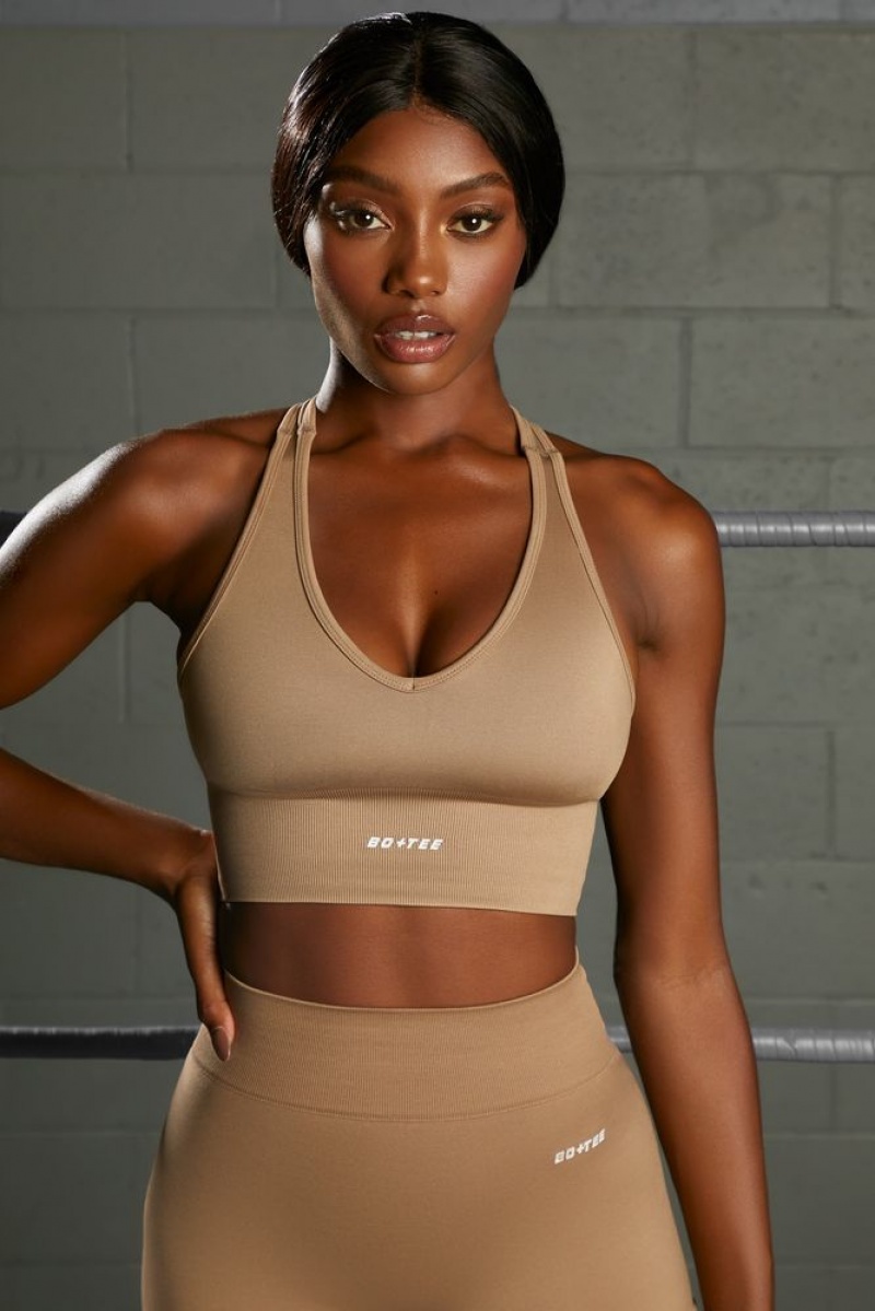 Brown Oh Polly Overhaul Racer Knot Back Seamless Crop Top | BDFM-38720