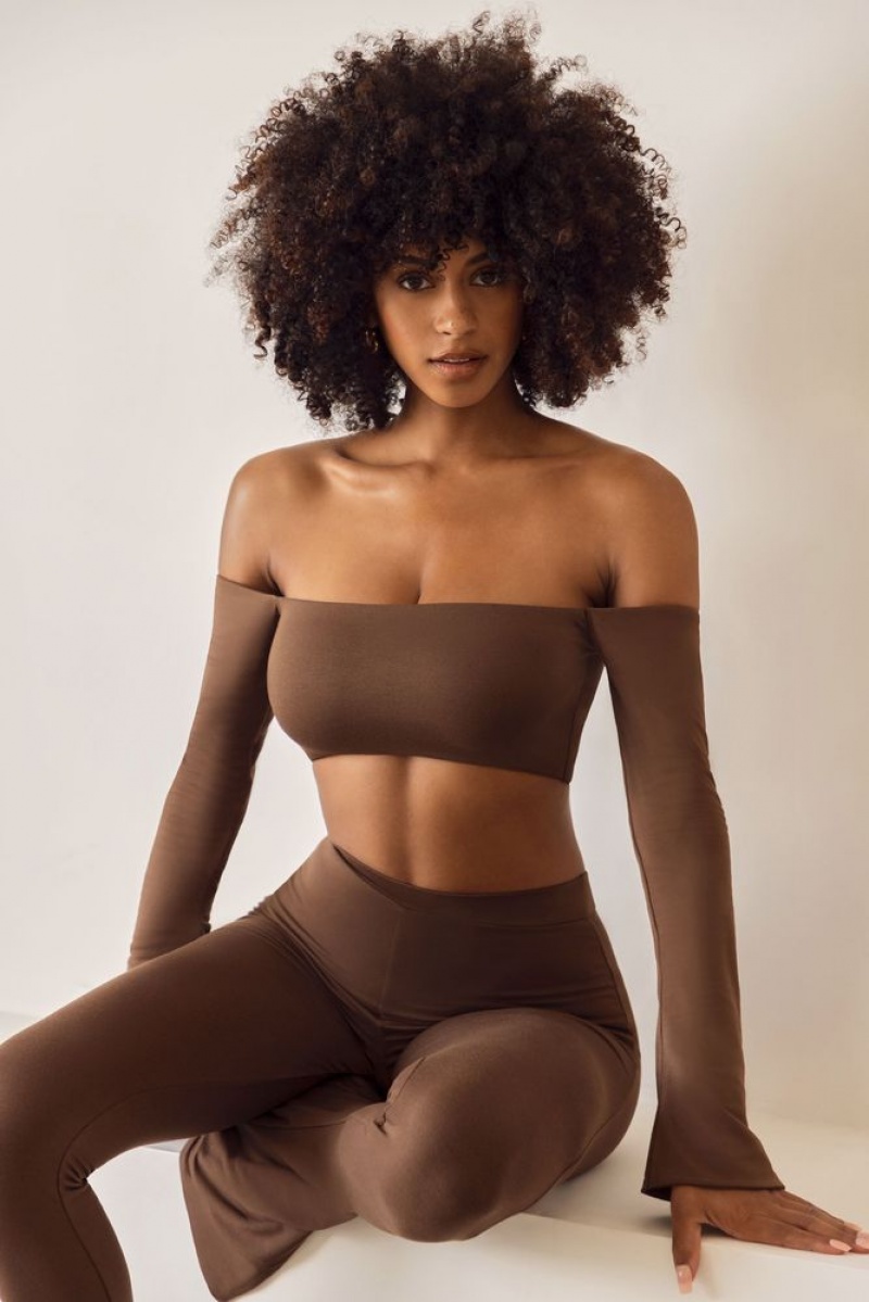 Brown Oh Polly Renata Long Sleeve Bardot Crop Top | WXAF-61392